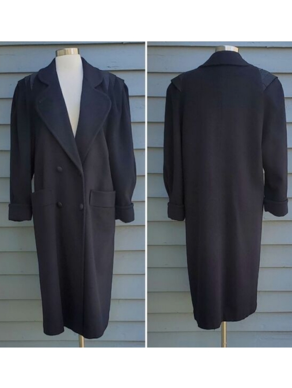 Vintage 80s Retro Preppy Acadamia‎ Black Wool Blend Leather Union Made Trench Lg